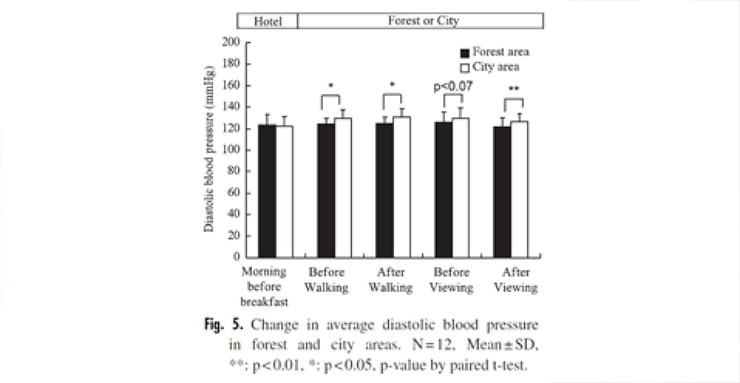 Effect of exposure to nature on blood pressure (Source: Physiological Effects of Forest Recreation in a Young Conifer Forest in Hinokage Town, Japan, Park and al. )