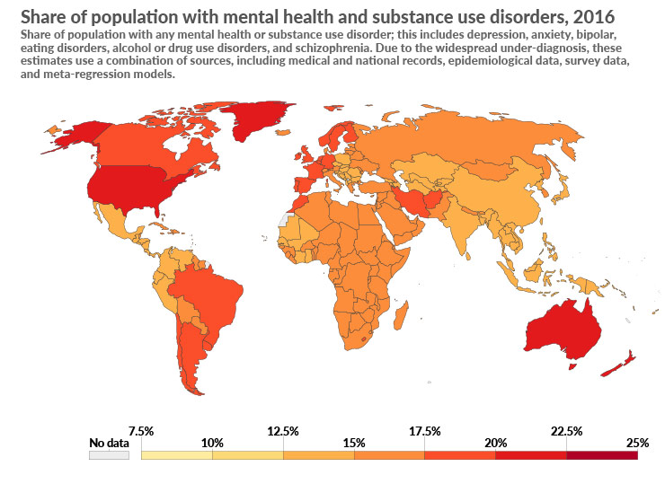 Global map of population affected by mental health issues in 2016 (source: ourworldindata.org)