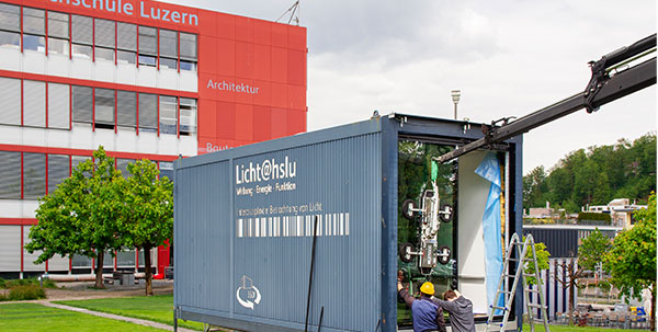 nstalling the SageGlass HarmonyTM electrochromic glazing in the LichtMessContainer on the Lucerne University of Applied Sciences and Arts campus in Horw. ©Licht@hslu