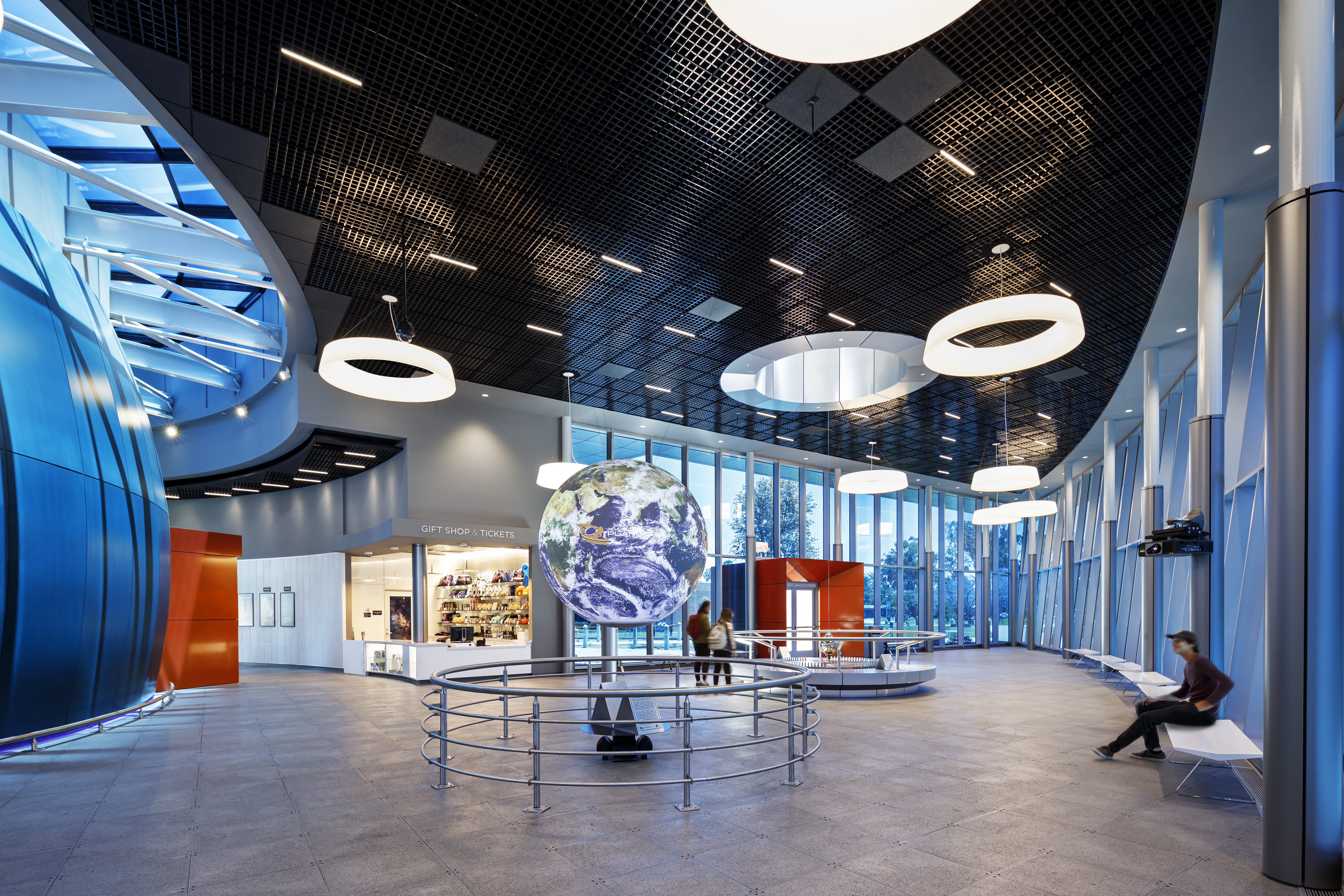image of Planetarium lobby with expansive curtainwall that includes SageGlass smart windows