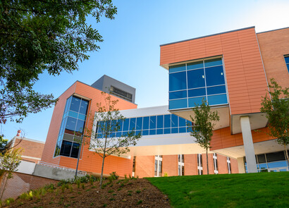 Exterior view of new Daniel Hall wing and connecting skyway