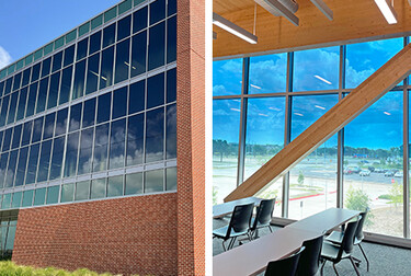 side by side indoor and outdoor view of a glass classroom.