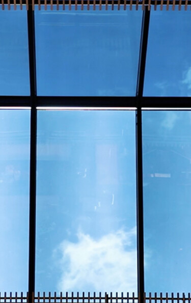 Blue skies seen through windows as viewed from below
