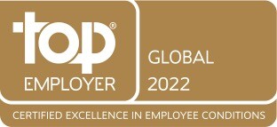 Gold rectangle with white text saying "top employer," "Global 2022" and "certified excellence in employee conditions"
