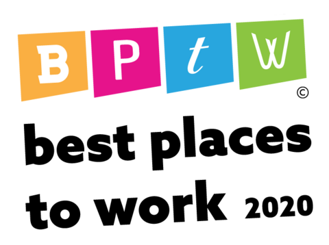 Logo with 4 colors on each letter and different font: B, P, t, w. Then text below in black "best places to work 2020"