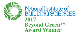Logo with blue text: National Institute of BUILDING SCIENCES, and in green: 2017 Beyond Green Award Winner A green spiral icon is in the top left.