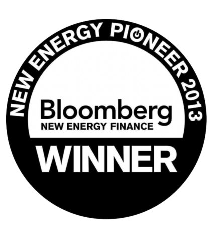 Bloomberg New Energy Finance WINNER, New Energy pioneer 2013 logo in black and white.