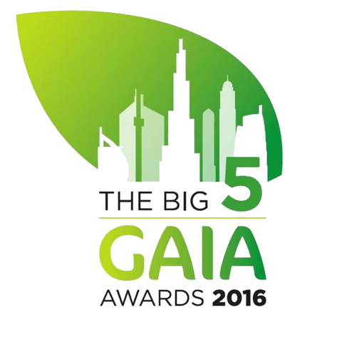A green leaf with a cutout at the bottom showing a skyline. Text in black and green saying "The Big 5 GAIA Awards 2016"