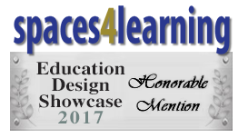 A grey rectangle with leaf icons on each side and the text: Education Design Showcase 2017 and Honorable Mention. Atop is blue text saying spaces4learning
