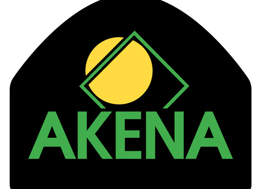 Logo Akena : Akena écrit en vert sur un fond noir. Un rond jaune et un carré vert au dessus du nom "Akena".