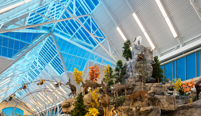 Interior of building with smart glass ceiling, ferris wheel, and mountain with stuffed animals. 