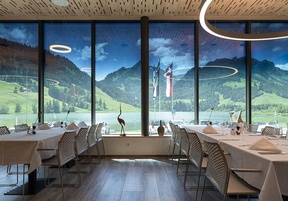 Dining room of Hostellerie am Schwarzsee, glass is fully tinted