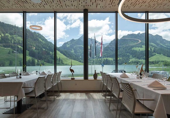 Dining room of Hostellerie am Schwarzsee, glass is clear
