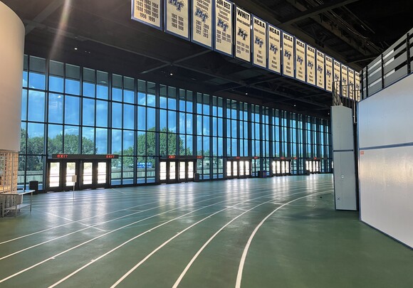 Middle Tennessee State University Murphy Center Interior with floor to ceiling industrial smart glass windows.