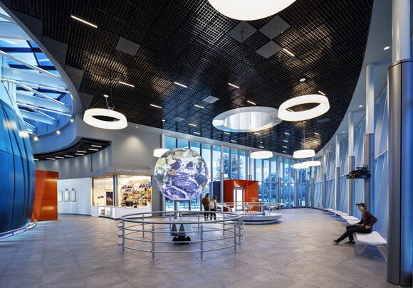 image of Planetarium lobby with expansive curtainwall that includes SageGlass smart windows