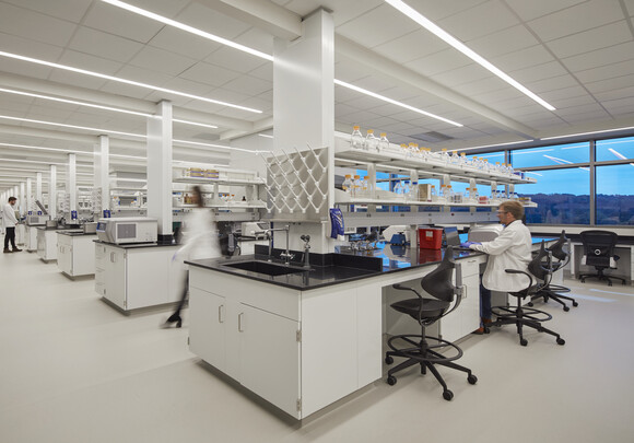 technicians in the lab space perform research while smart windows provide glare and thermal control