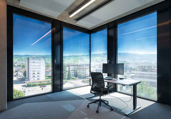 View from the inside of Alpha Building: corner equipped with SageGlass, tinted in Harmony state.