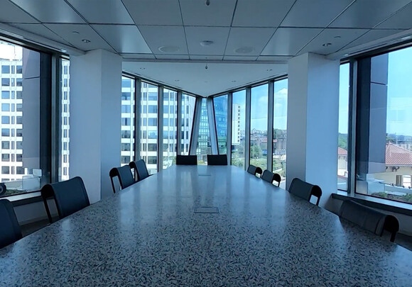 Meeting room with custom smart glass windows. 