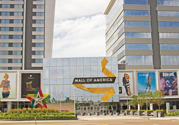 Exterior building facade of mall of american with smart glass windows. 